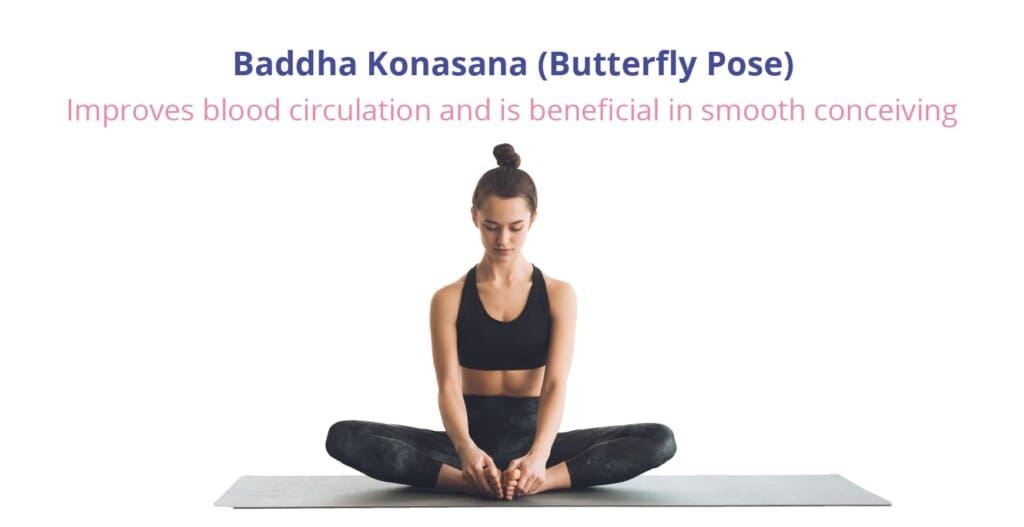 A woman posing in Baddha Konasana also known as Butterfly Pose which improves blood circulation