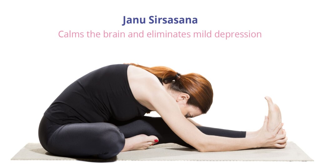 a woman posing in Janu sirsasana which helps to calm the brain and eliminates mild depression
