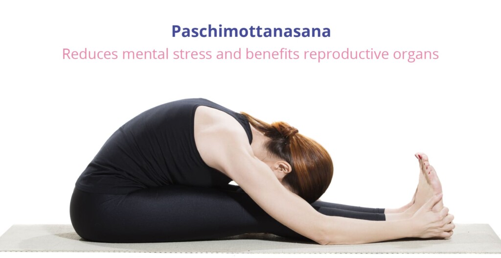 a woman posing in paschimottanasana which helps in reliving mental stress