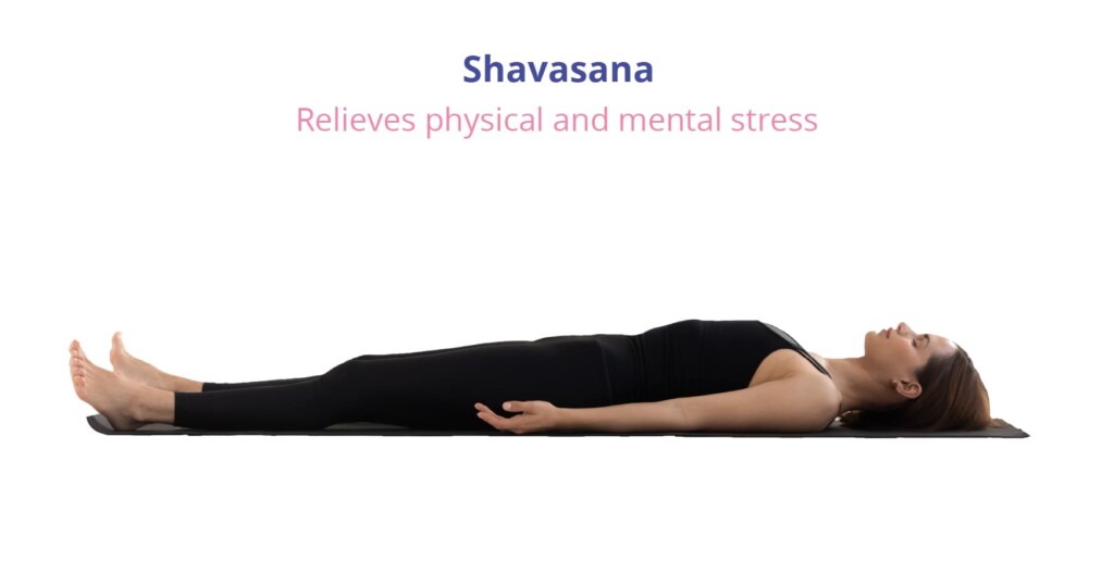 A woman posing Shavasana, which in calming the body 